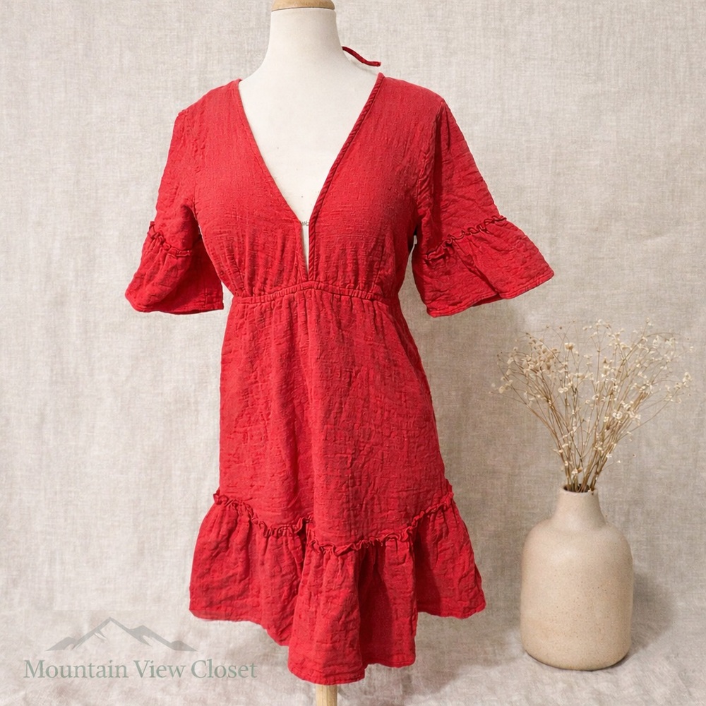 Billabong Red Gauze Mini Dress‎ | Boho Summer Vibes/ Puff Sleeve/Medium